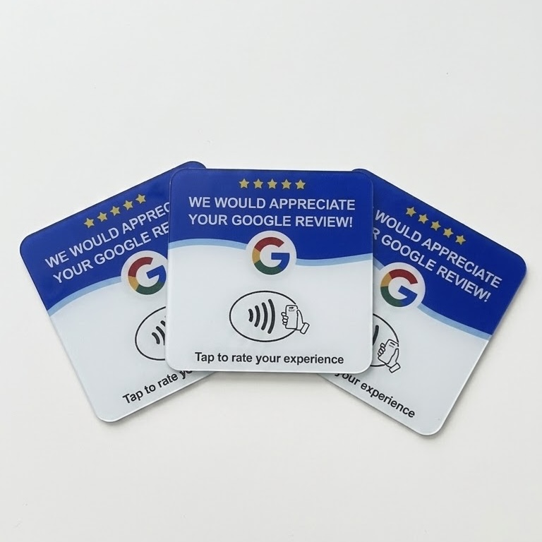 Tabliczki Google Review NFC Cards z logo Google i modułem zbliżeniowym